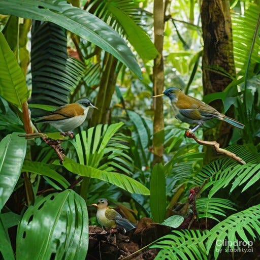 Decorative AI image of some birds in a rainforest.
