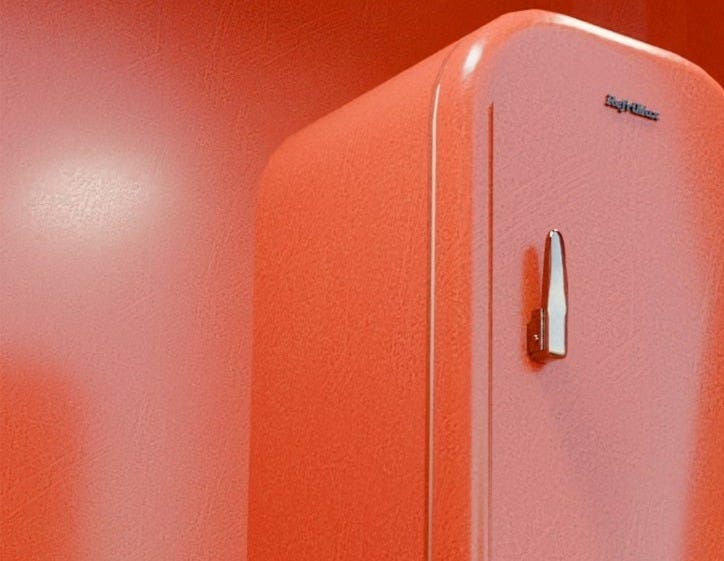 A red refrigerator sitting in an orange room A red refrigerator sitting in an orange room