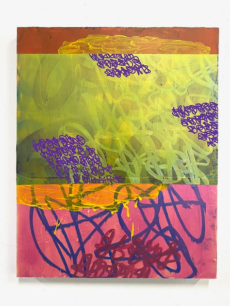 three photos of large "Soft Poem" painting with three horizontal sections with transparent layers of glyphs.