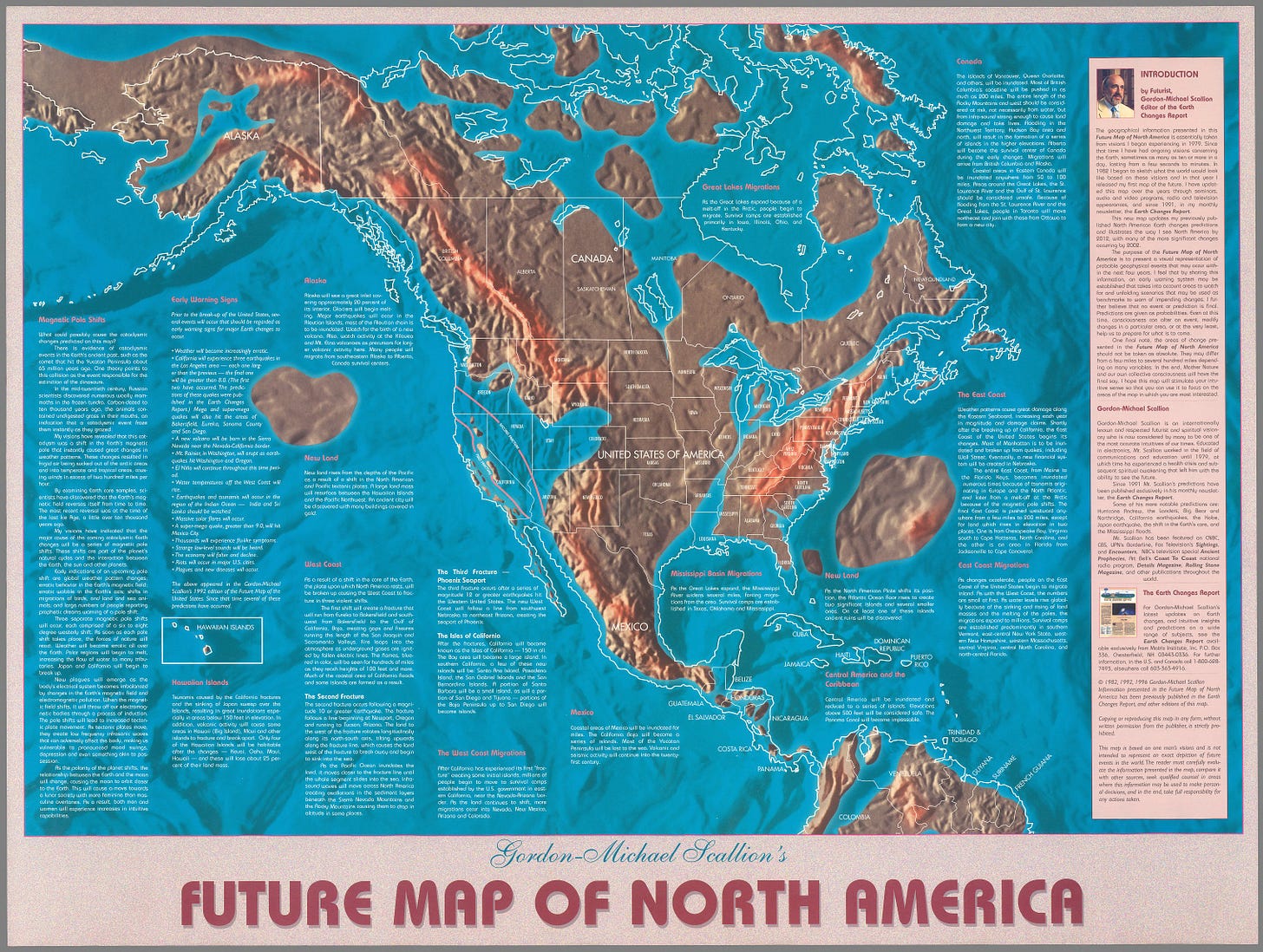 Map titled "Future Map of North America" showing projected changes to coastlines and landmasses, with detailed descriptions and labels across the United States, Canada, Mexico, and Central America.