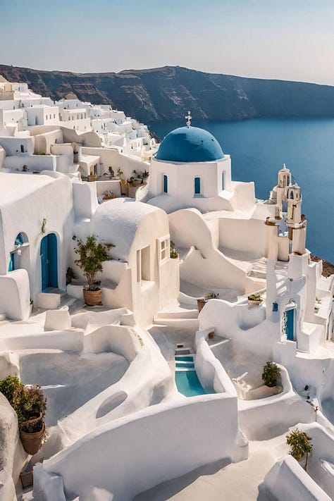 The blue and white buildings of Santorini, the colourful townhouses of Notting Hill in London, and the red and orange adobe houses in the American Southwest, reflecting the cultural and historical context of the place through their choice of colours, creating visually striking landscapes that relate to the surrounding environment.