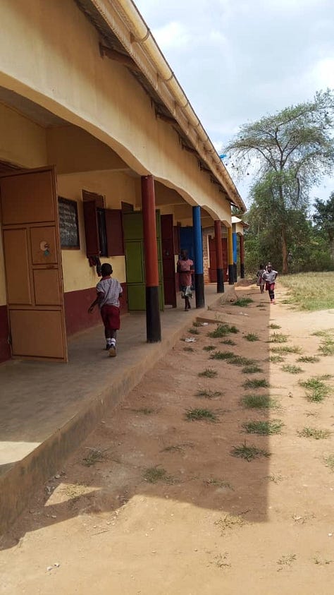 Children in Uganda playing on a playground, kids walking to class at Ebenezer Junior School, and students studying at their desks at EJS