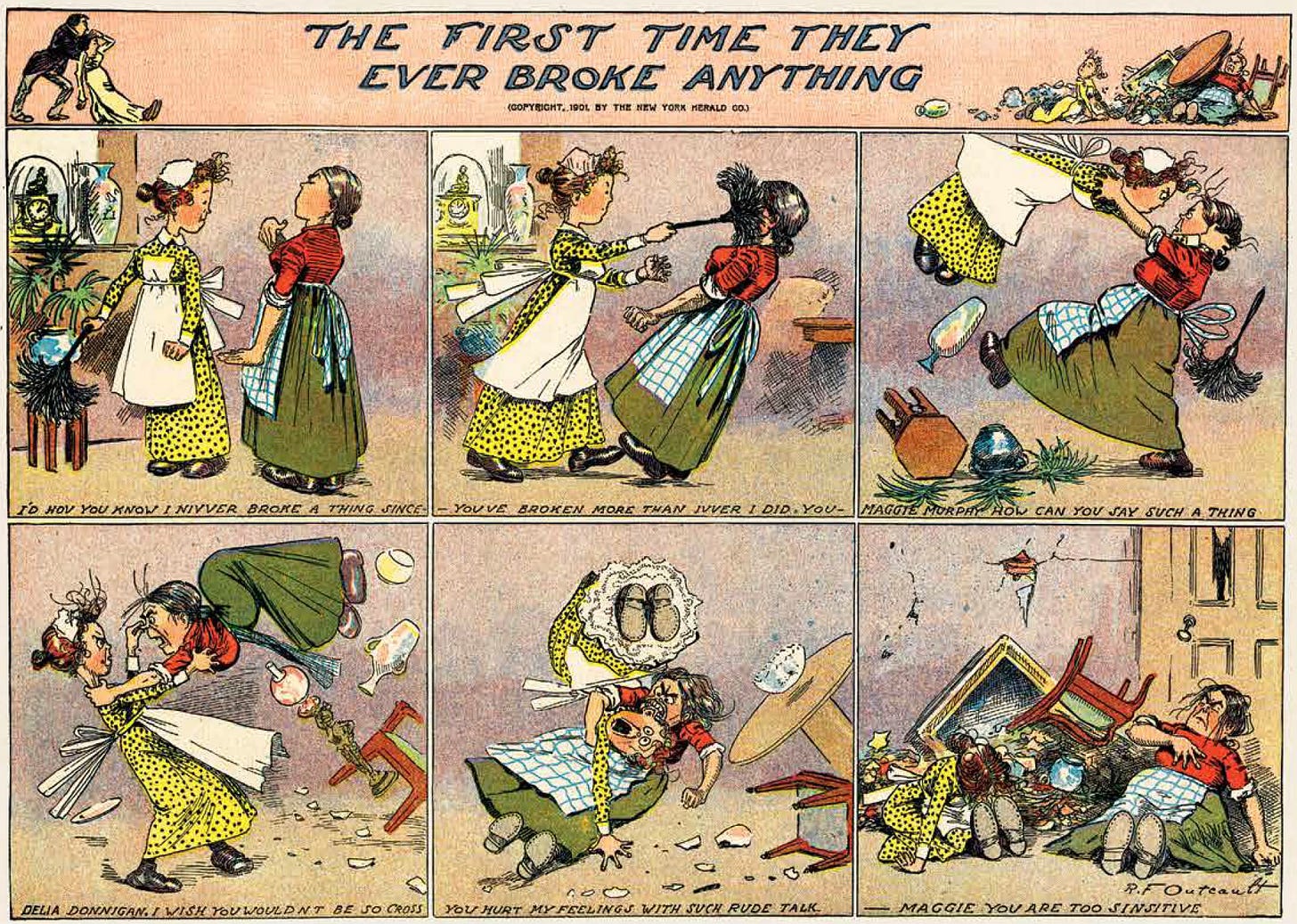 Two maids get into an astonishingly brutal knockdown dragout, destroying the parlor in the process. This 1901 comic by Outcault is another taste of the brutality and disorder of the early comics.