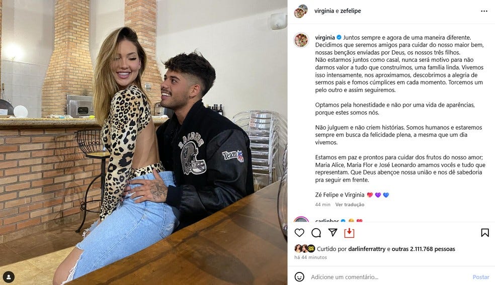 Virginia e Zé Felipe: post de anúncio da separação ultrapassa 2 milhões de  curtidas em menos de 1 hora | Famosos | gshow