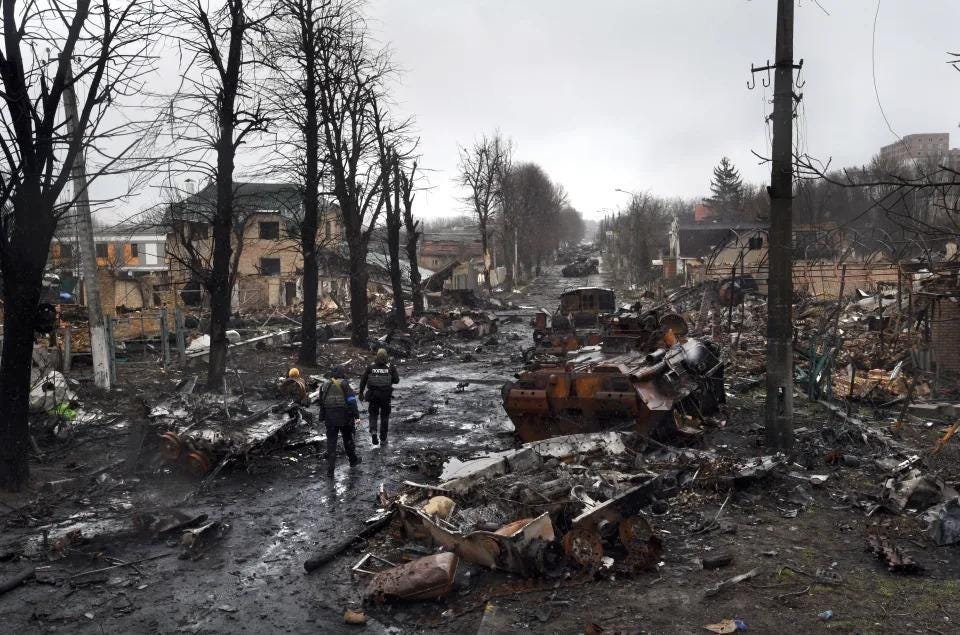 Destroyed homes, burnt-out tanks and bodies in the streets of Bucha, Ukraine. Destroyed homes, burnt-out tanks and bodies in the streets of Bucha, Ukraine.