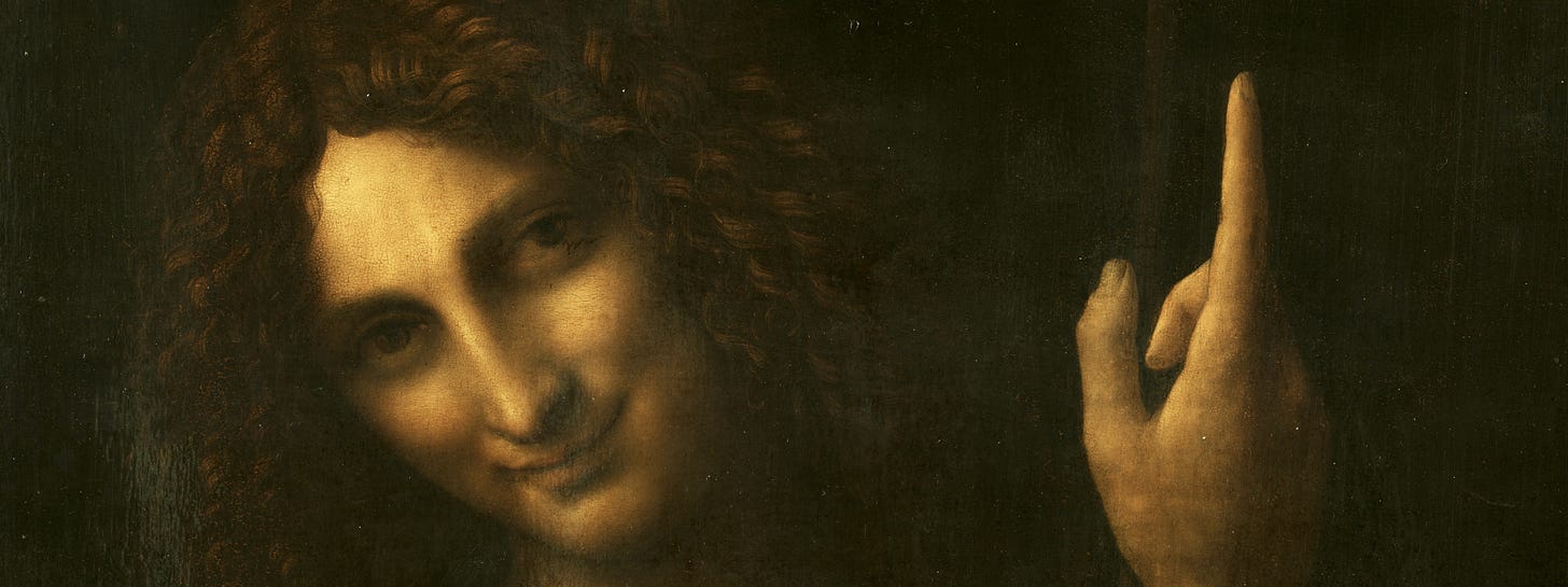 Leonardo da Vinci's Saint John the Baptist, an extreme example of sfumato with the figure emerging from darkness Leonardo da Vinci's Saint John the Baptist, an extreme example of sfumato with the figure emerging from darkness