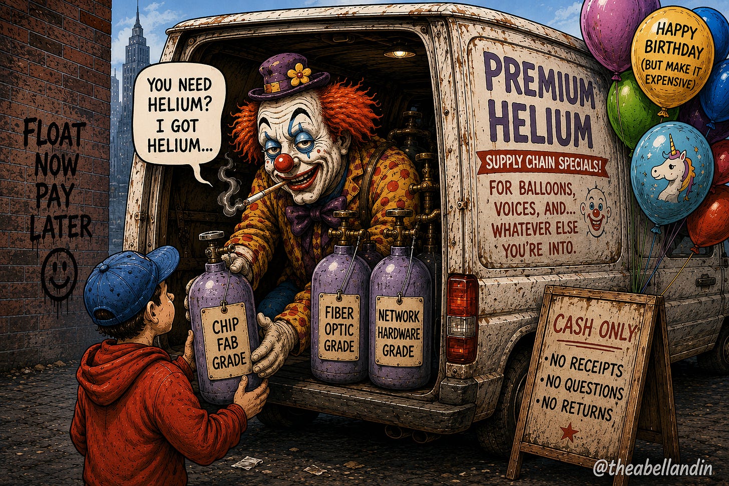 Satirical comic illustration of a seedy clown selling helium from the back of a rusty van. Helium tanks labeled ‘Chip Fab Grade,’ ‘Fiber Optic Grade,’ and ‘Network Hardware Grade’ poke fun at helium becoming a critical resource for AI, semiconductors, and networking.