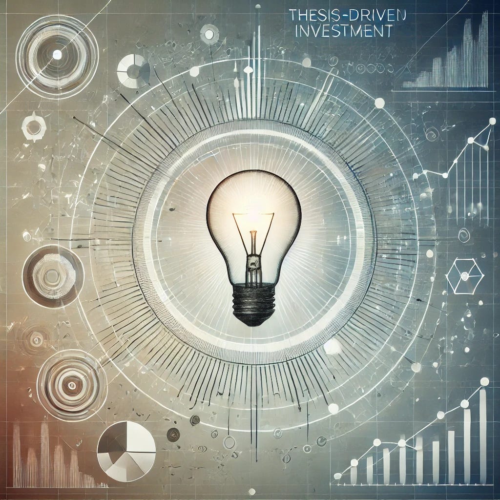 An abstract representation of thesis-driven investment. A glowing geometric shape, resembling a lightbulb, symbolizes the investment thesis. Around it, abstract lines and subtle financial symbols, such as ascending lines and circular patterns, represent research, analysis, and data-driven insights. The background features a gradient blend of blue, grey, and white, giving a modern and sophisticated feel. The design is minimal yet conceptual, evoking clarity and strategy in investment.