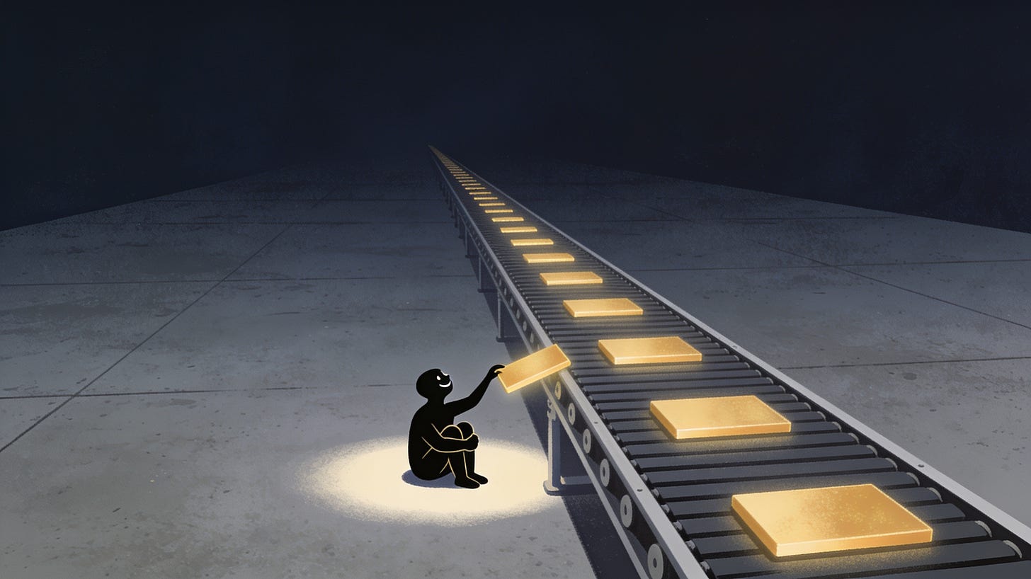 An endless conveyor belt runs from the foreground to a vanishing point in the dark, carrying identical glowing gold rectangles, evenly spaced, with no end in sight. A small figure sits on the floor beside it in a pool of light, taking one off the belt.