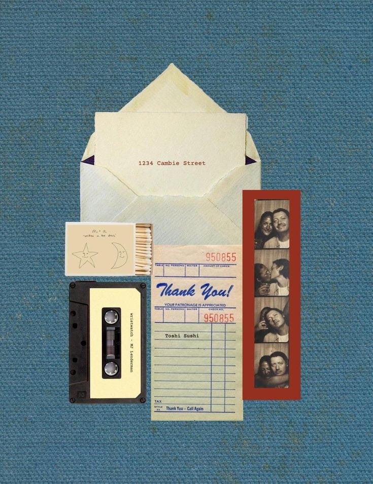 This may contain: an envelope, tape recorder, and other items used to make a thank you note