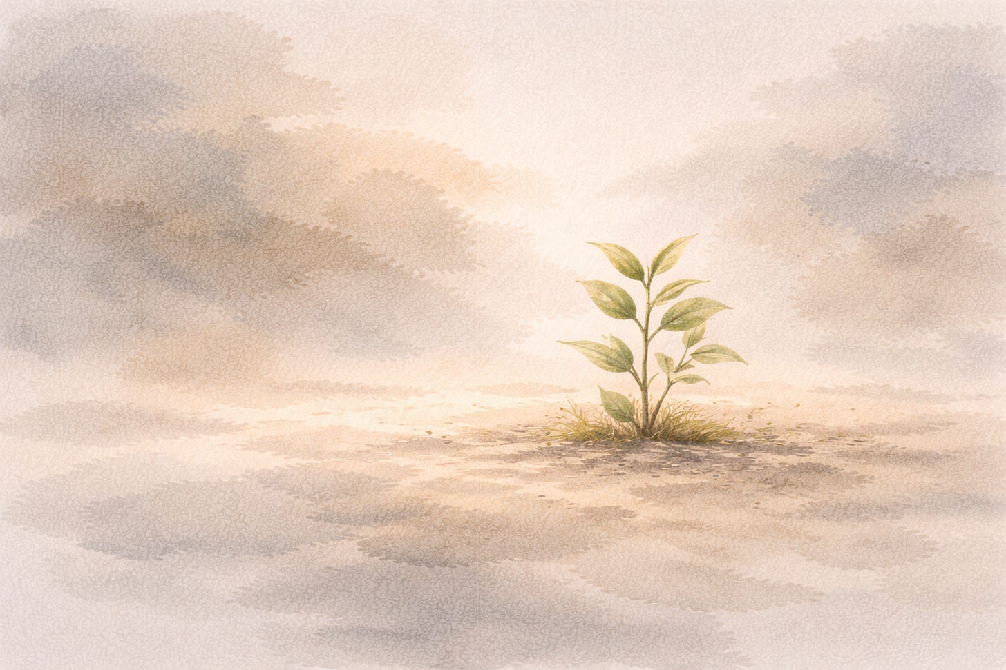 Small green plant emerging from bare ground against a soft, open landscape, representing quiet growth, lasting momentum, and moving forward without pressure through small, intentional steps.
