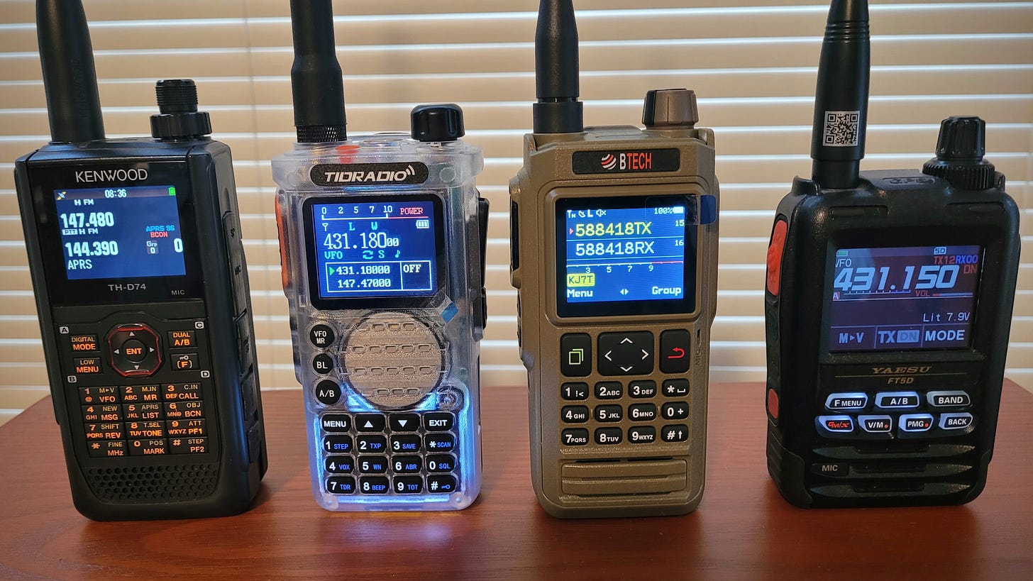 Left to Right: Kenwood TH-D74A, TIDRADIO TD-H8, BTECH UV-PRO, Yaesu FT-5D