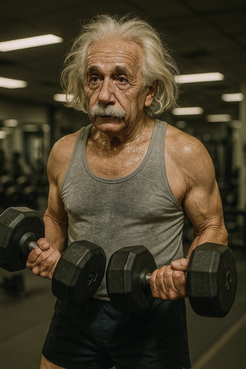 Prompt: A lifelike gym photo showing Albert Einstein lifting dumbbells, wearing a tank top and gym shorts. Sweat glistens naturally on his forehead. The lighting comes from overhead fluorescents, casting real shadows. The background includes blurred gym equipment. The photo has a raw and authentic vibe, like a candid shot during a real workout session.