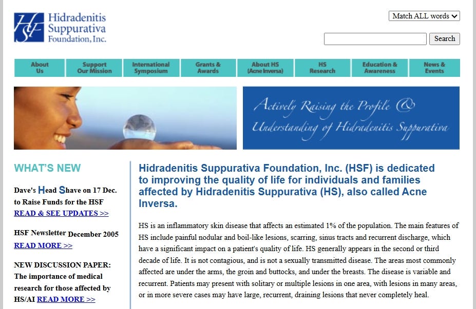 2005 December, Home Page of HSF, Inc. San Diego; logo, banner and disease description. HSF. Inc, San Diego was the first global scientific and medical research foundation focused solely on the disease suffered by people: Hidradenitis Suppurativa.