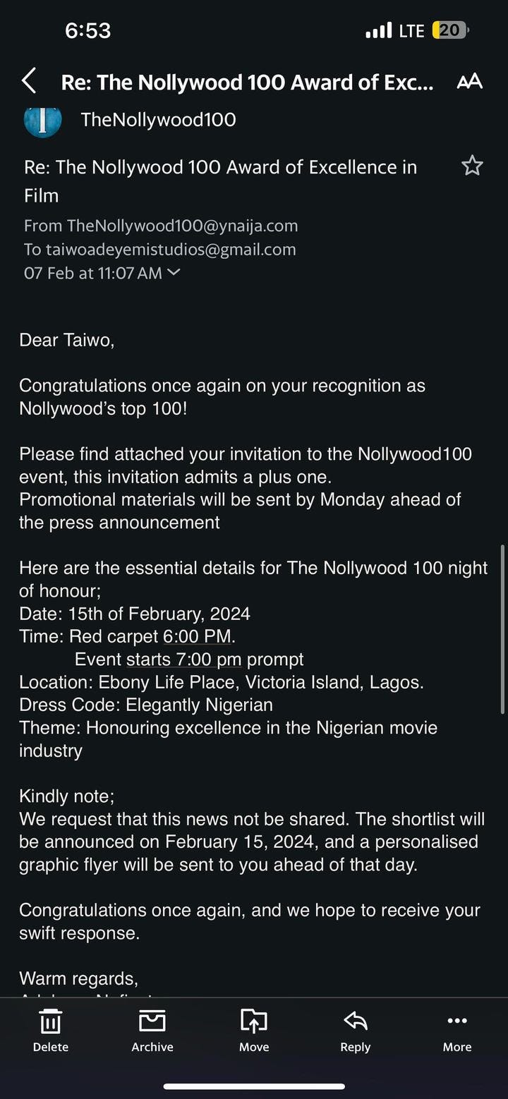 YNaija's email sent to Taiwo Adeyemi and the actor at the event