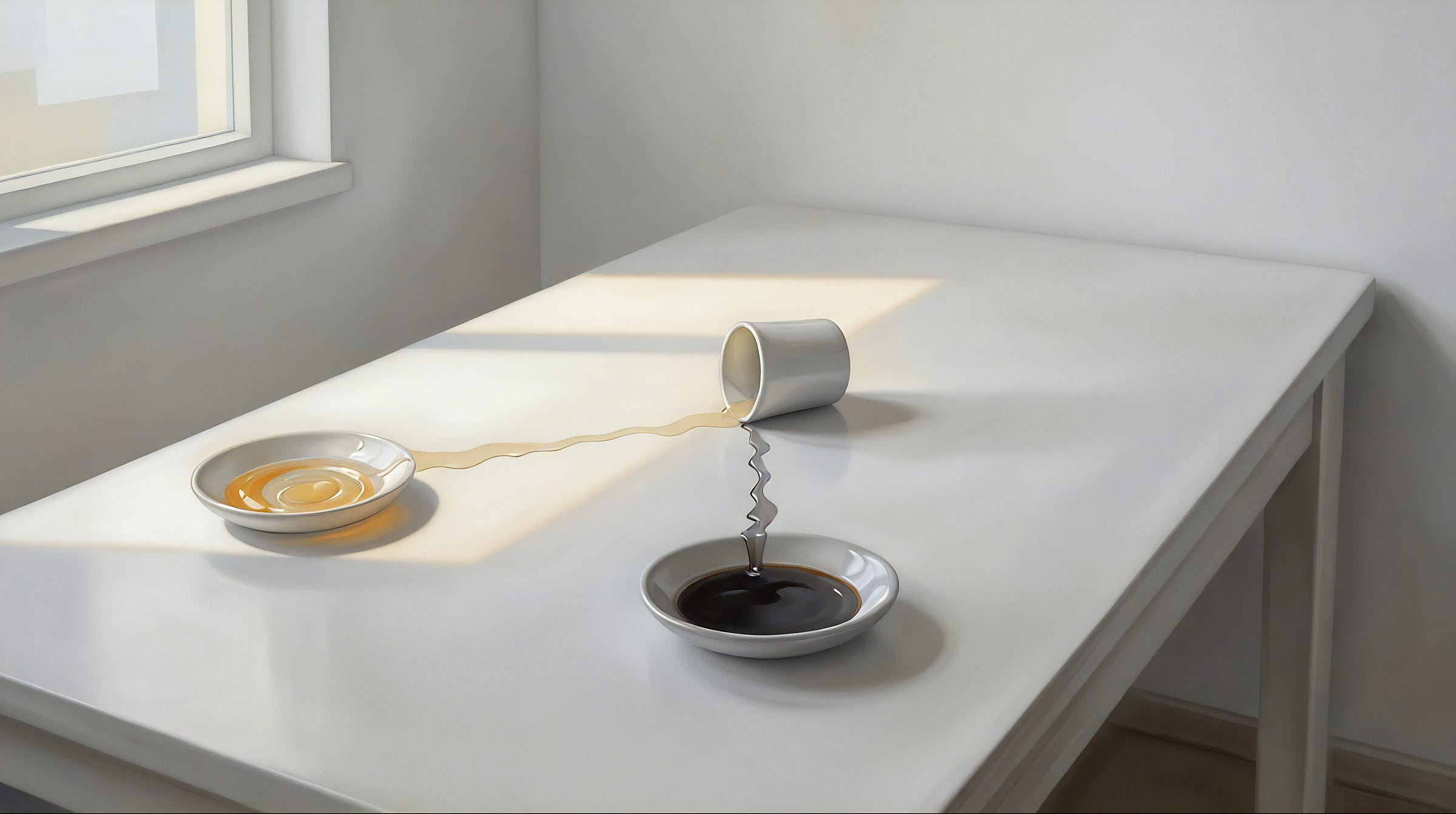A white table in window light, a small cup tipped on its side with dark liquid spilled in a long streak across the surface. A white table in window light, a small cup tipped on its side with dark liquid spilled in a long streak across the surface.