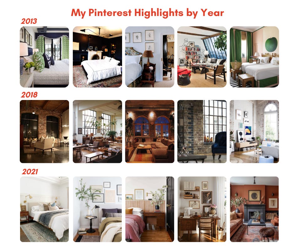 Collage of images from pinterest. Text reading: My pinterest highlights by Year - 2013, 2018 & 2025