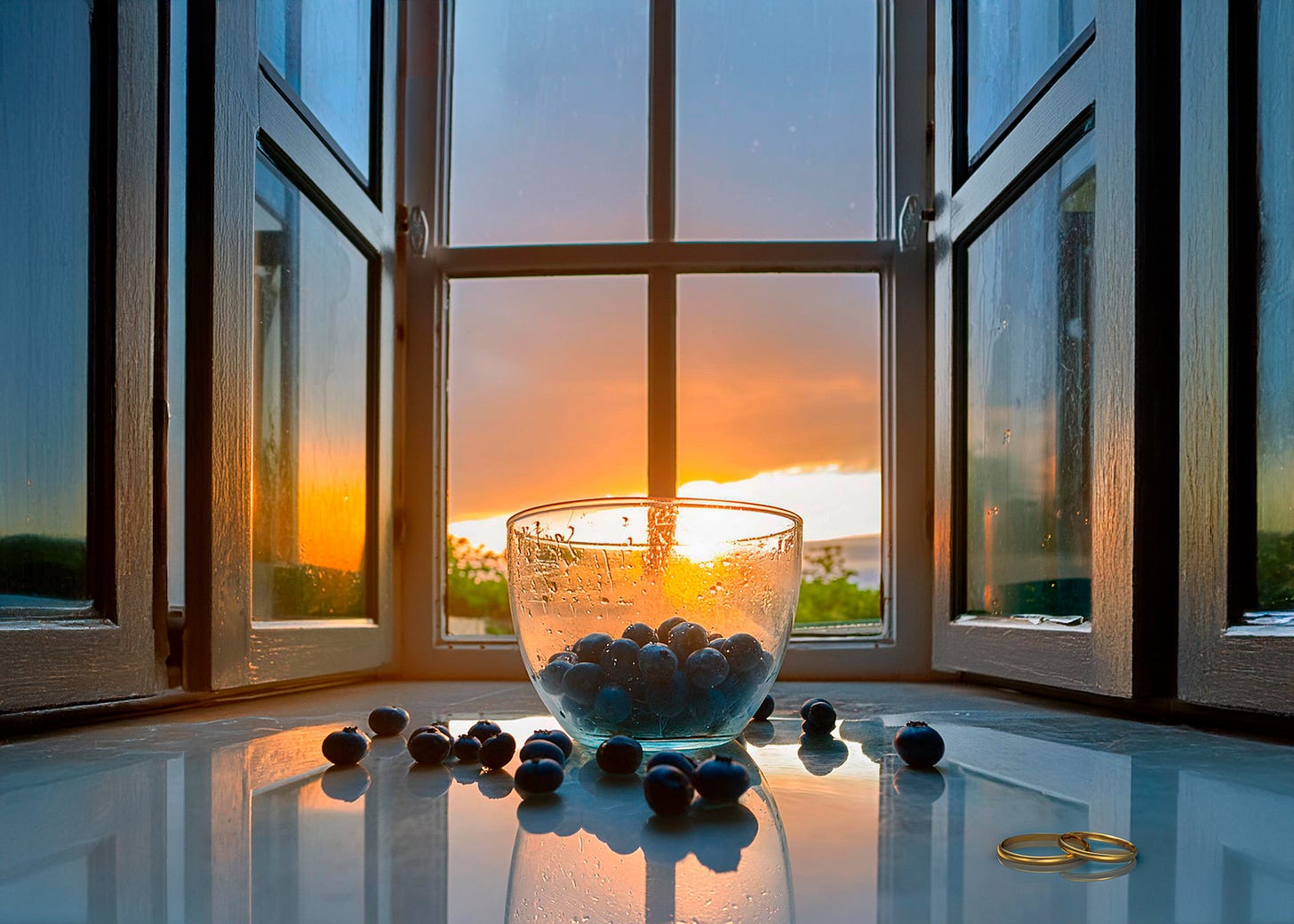 striking image of blueberries in glass bowl and scattered beside two gold wedding bands, lying on marble countertop illuminated by dawn streaming in from window showing coastal water view