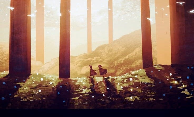 This may contain: two people standing in the middle of a forest with birds flying around and trees on both sides