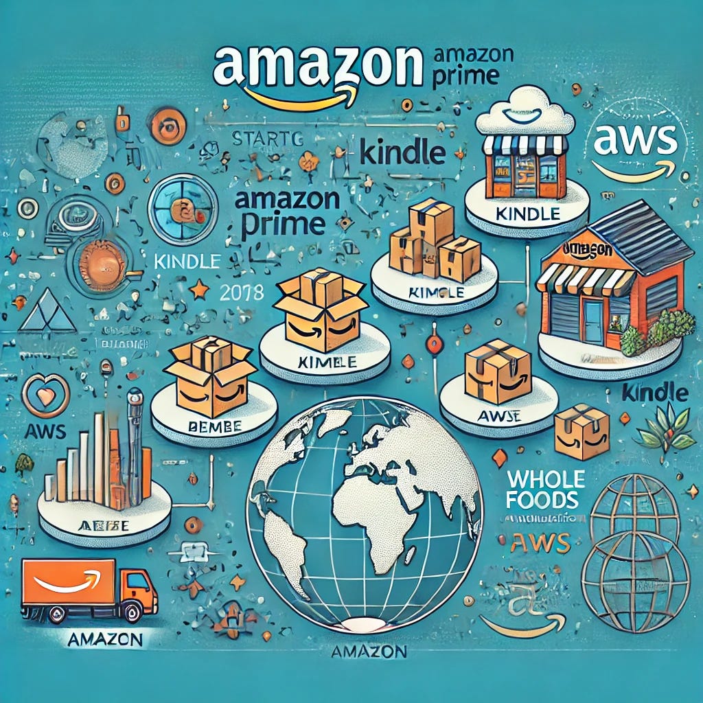 An illustration depicting the growth of Amazon, starting from a small garage and transforming into a global e-commerce empire. The image includes a timeline-like design with key milestones such as the launch of Amazon Prime, Kindle, AWS, and the Whole Foods acquisition. The background features a symbolic representation of global reach with icons of technology, delivery, and innovation. The style is modern and professional.