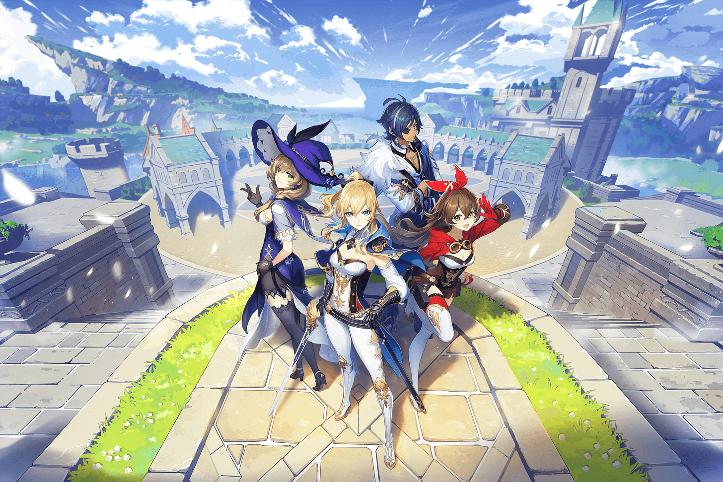 four avatars posed for a group shot in Genshin Impact game four avatars posed for a group shot in Genshin Impact game