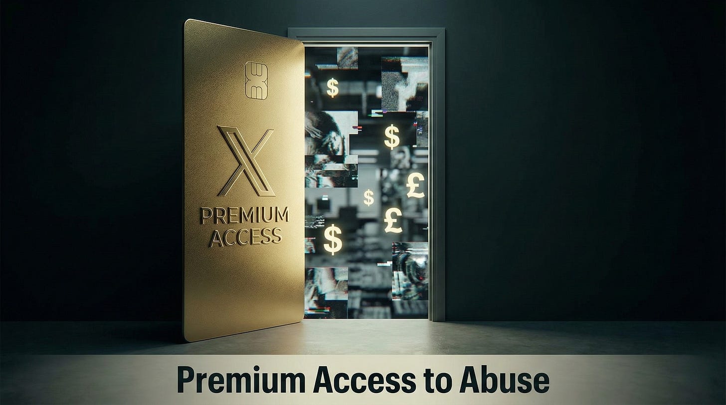 Illustration of a premium X-branded credit card as a doorway to harmful AI content, with currency symbols floating around