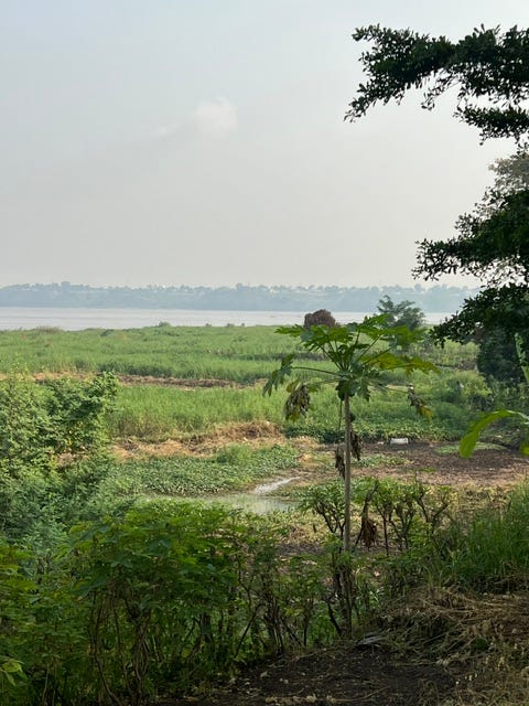 Runner gives a thumbs-up next to lush vegetation along the banks of the wide Congo River