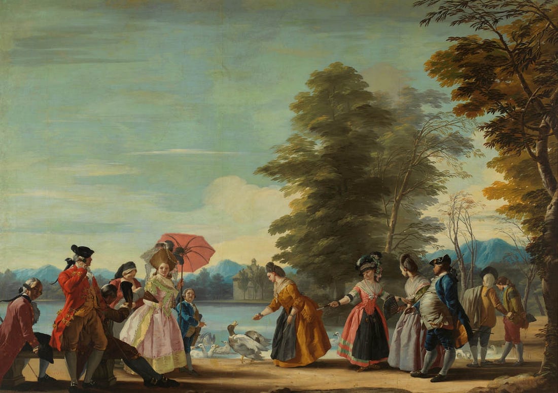 cuadro en el que se ve a un grupo de personas del siglo XVII dándole de comer a unos patos al lado de un estanque