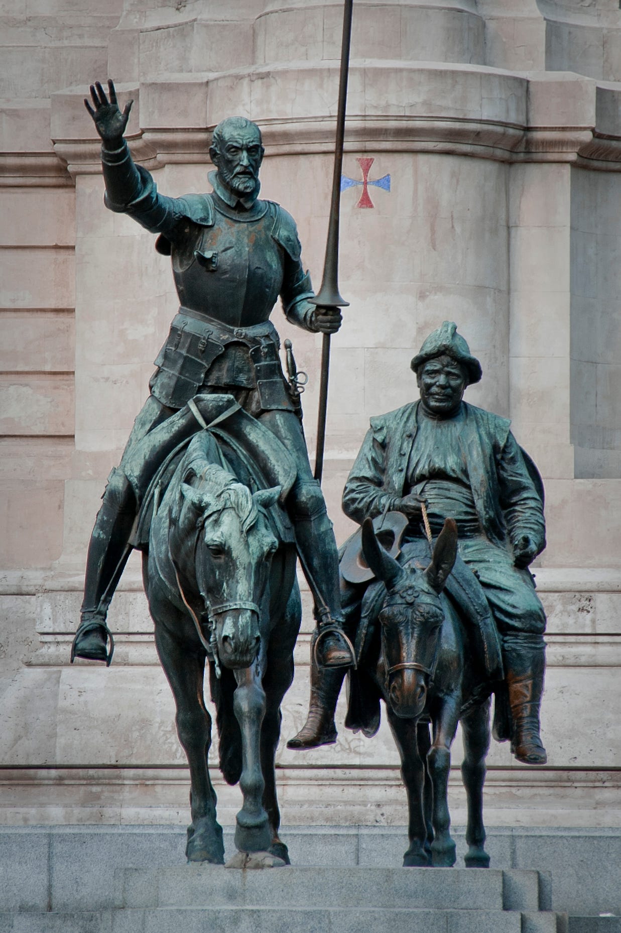 Don Quixote: Statue of Don Quixote and Sancho Panza at the Plaza de España  in Madrid, Spain