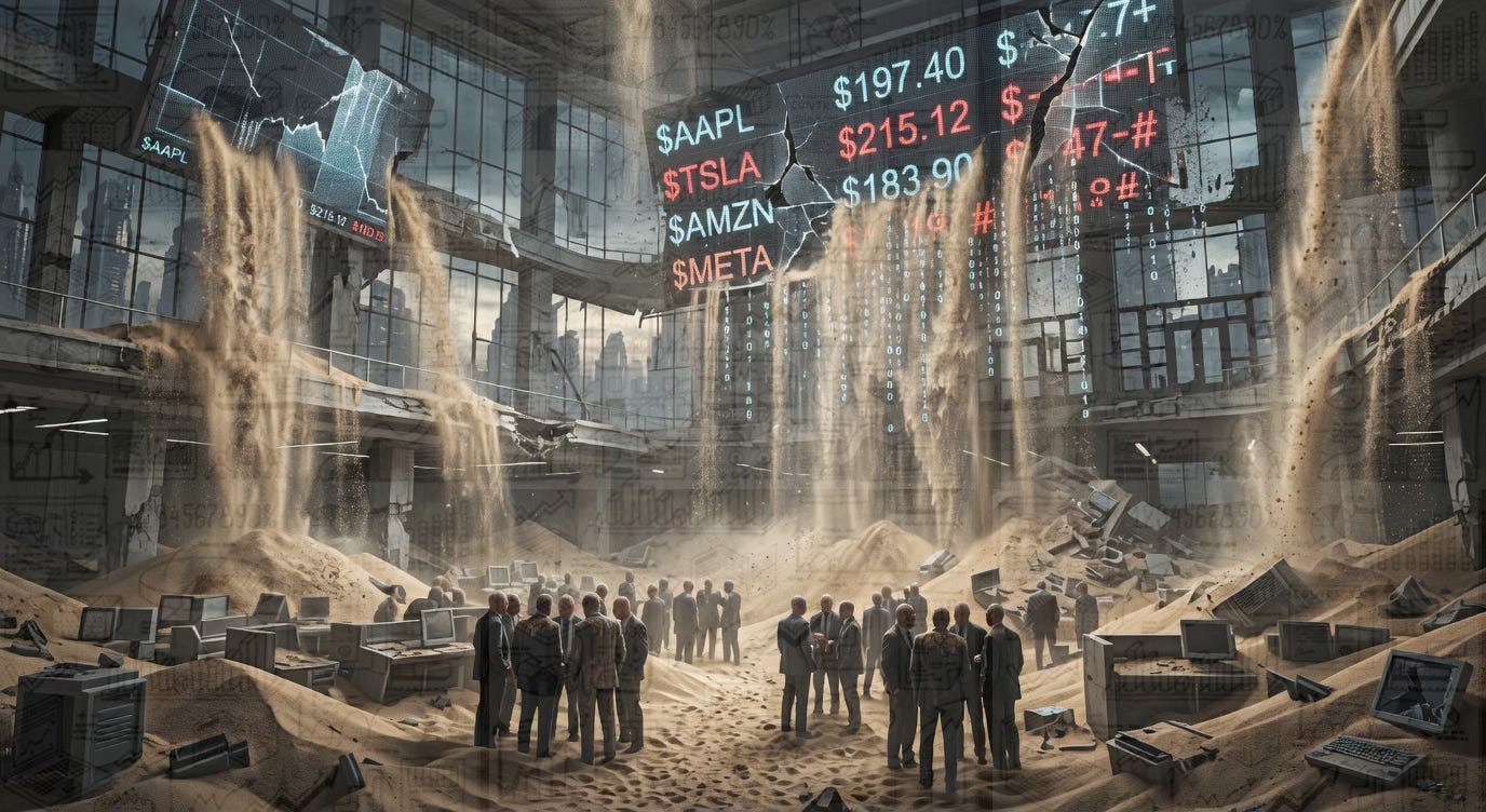 A vast, industrial-gothic trading floor where the very architecture is disintegrating into fine sand. Digital tickers display trillion-dollar market caps that are physically dissolving, falling like dust onto faceless observers. This serves as a visual metaphor for the 'Securitization of the Void' and the ephemeral nature of unbacked digital assets. A vast, industrial-gothic trading floor where the very architecture is disintegrating into fine sand. Digital tickers display trillion-dollar market caps that are physically dissolving, falling like dust onto faceless observers. This serves as a visual metaphor for the 'Securitization of the Void' and the ephemeral nature of unbacked digital assets.