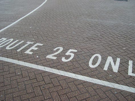 Bus stop, car mileage, route number, by Terry Freedman
