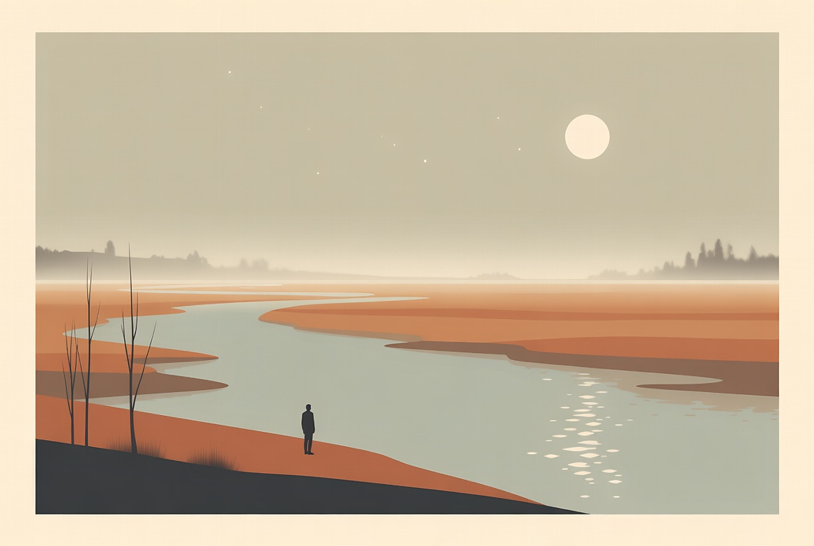 Man in barren landscape, with river, staring at moon Man in barren landscape, with river, staring at moon