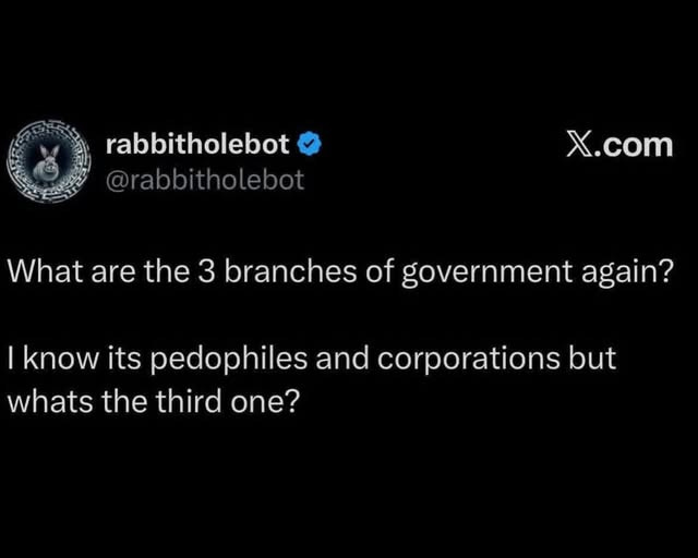 May be an image of text that says 'วม่มสสสย rabbitholebot @rabbitholebot X.com com What are the 3 branches of of government again? What I know its pedophiles and corporations but whats whats the third one?'