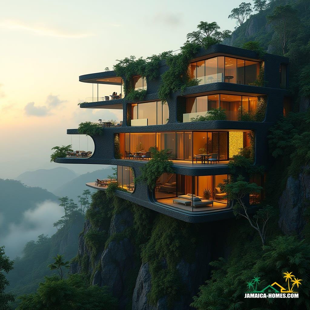  Side view of a futuristic Jamaican hilltop home in 2040. The building floats on magnetic levitation pads, featuring asymmetrical terraces cascading like waterfalls. Solar glass panels curve along the walls and roof, glowing with soft light. Bioluminescent vertical gardens climb the structure, irrigated by smart micro-drones. The facade blends bold Jamaican flag-inspired colors into black volcanic stone and lightweight composites. Open-air patios and floating balconies are connected by transparent skywalks. The surrounding tropical hillside has glowing flora, with mist rising from the valleys. A dramatic sunrise casts long shadows. Ultra-detailed, cinematic, surreal side-elevation combining futuristic technology, tropical nature, and cultural vibrancy. Cinematic film still, shot on v-raptor XL, film grain, vignette, color graded, post-processed, cinematic lighting, 35mm film, live-action, best quality, atmospheric, masterpiece, epic, stunning, dramatic.