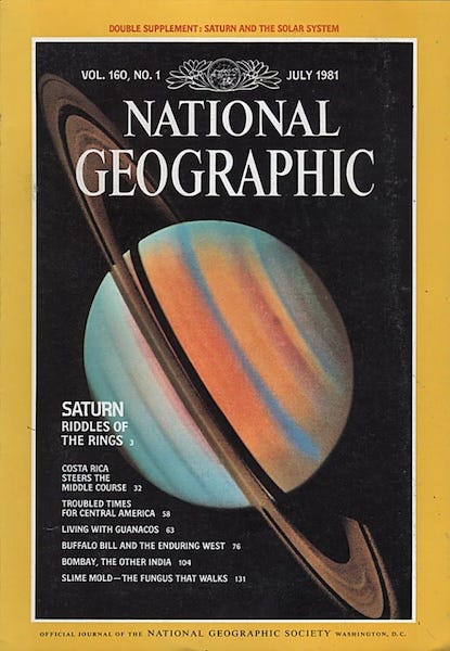 Cover of the July 1981 issue of National Geographic featuring an illustration of the planet Saturn with its rings, accompanied by headlines about various articles including 'Saturn Riddles of the Rings' and topics on Costa Rica, Central America, and Bombay.