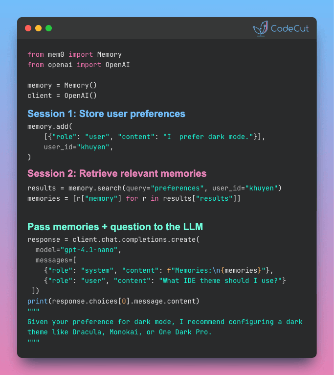 Code example: mem0: Give Your AI Memory Without Building a Vector DB Code example: mem0: Give Your AI Memory Without Building a Vector DB