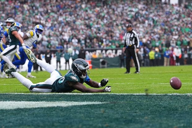 Philadelphia Eagles wide receiver Darius Cooper (80) cannot make the catch on a fourth-down pass in the fourth quarter against the Los Angeles Rams on Sunday, Oct. 4, 2026, in Philadelphia. (Mitchell Leff/Getty Images) Philadelphia Eagles wide receiver Darius Cooper (80) cannot make the catch on a fourth-down pass in the fourth quarter against the Los Angeles Rams on Sunday, Oct. 4, 2026, in Philadelphia. (Mitchell Leff/Getty Images)