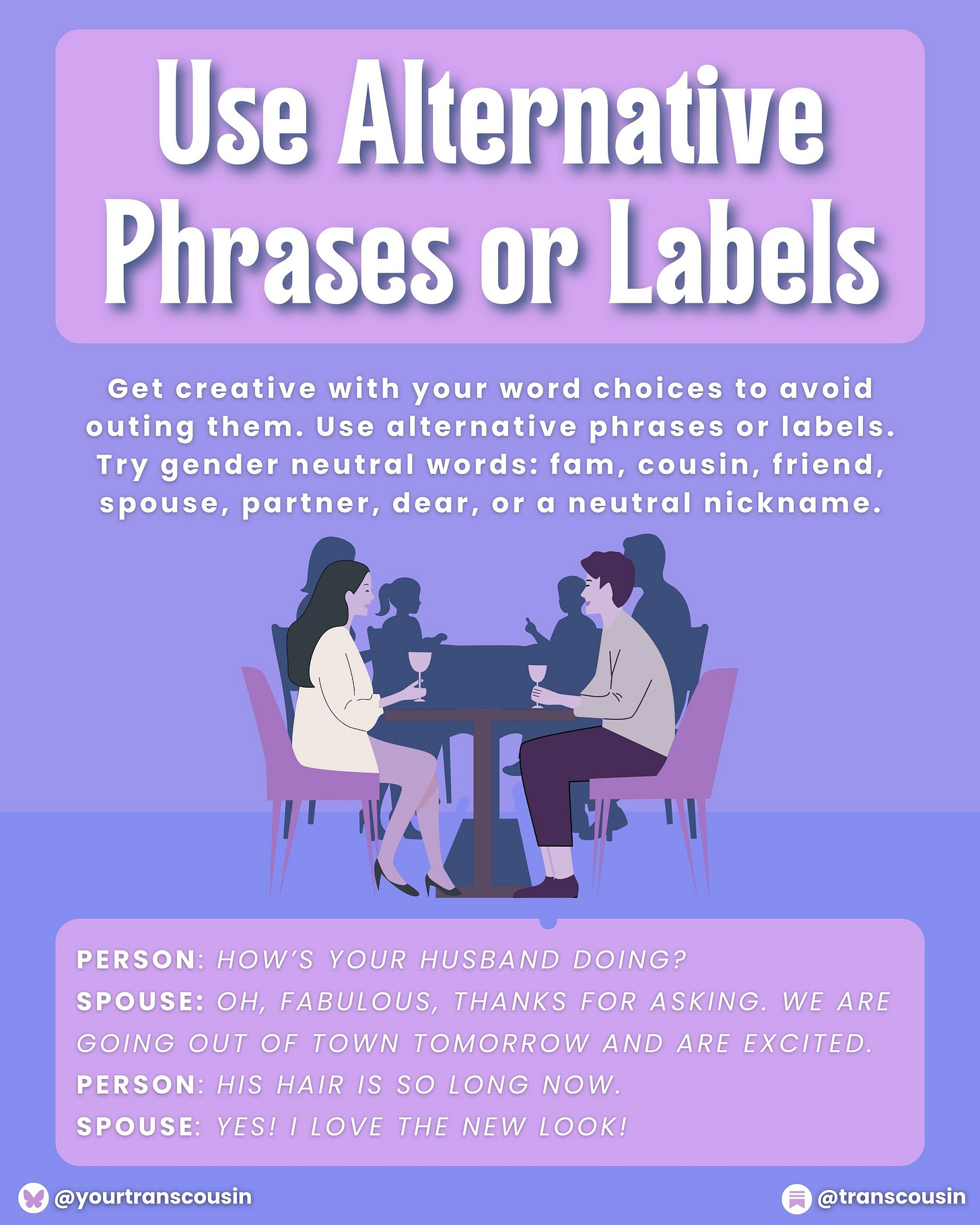 Tip: Use Alternative Phrases or Labels. Cet creative with you word choices to avoid outing them. Try gender neutral words: fam, cousin, friend, spouse, partner, dear, or a neutral nickname. Script: Person asks "How's your husband doing?" Spouse answers: "Oh, fabulous, thanks for asking. We are going out of town tomorrow and are excited." Person says, "his hair is so long now." Spouse answers, "Yes! I love the new look!"