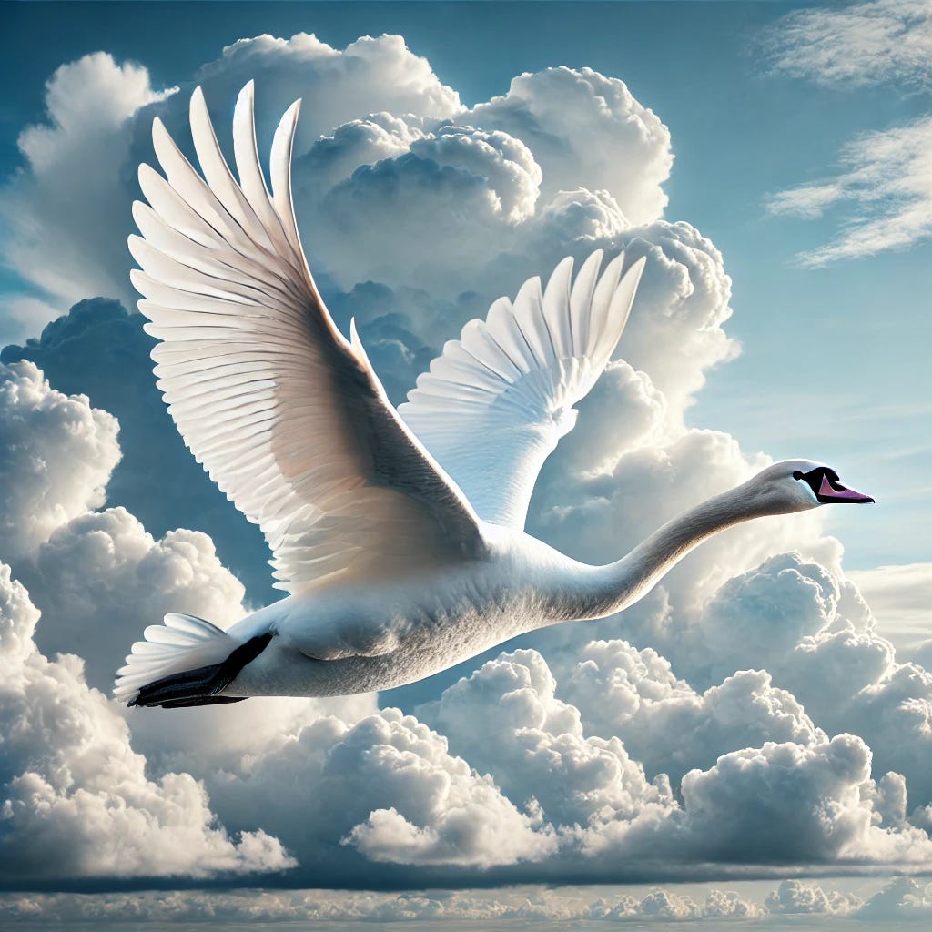 A graceful swan flying just under soft, fluffy clouds, its wings fully outstretched in a majestic pose. The swan is positioned closely beneath the clouds, creating a harmonious and uplifting composition. The swan's detailed white feathers contrast beautifully against the light blue sky, with clouds gently illuminated by sunlight. A serene and elegant depiction of nature in motion.