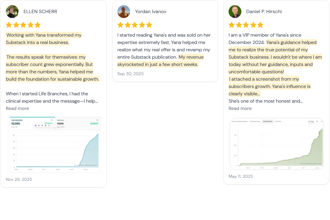 coacing substack results with Yana G.Y. feedback testimonials