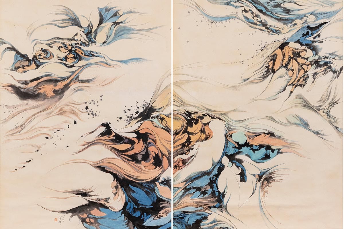 Painting by Hung Hsien of vibrant orange and blue ink swirls.