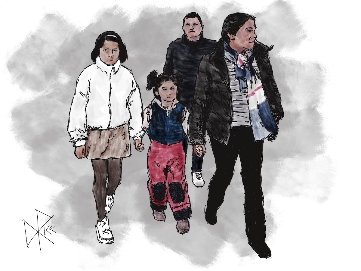 A family walking through the mall, in winter. Mother and eldest daughter hold the hands of the younger daughter in the middle, while the father brings up the rear. Sketch art by Don Rice.