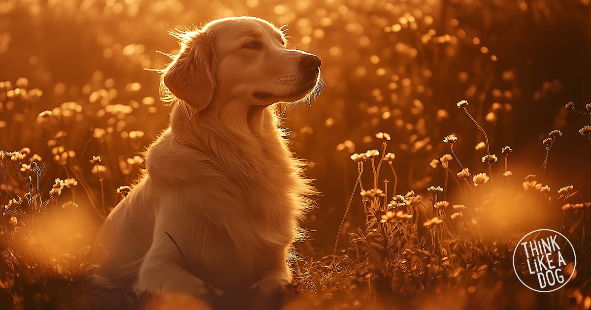 Golden retriever peacefully sitting in a sunlit field, embodying mindfulness and joy. A THiNK LiKE A DOG message about manifestation, positivity, and goal setting.