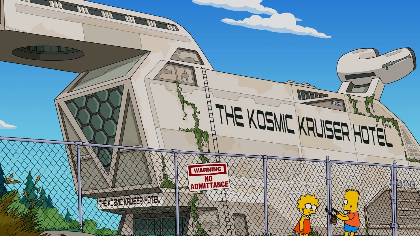 Bart and Lisa outside the Kosmic Kruiser Hotel in The Simpsons episode airing Nov. 8. Image: FOX Bart and Lisa outside the Kosmic Kruiser Hotel in The Simpsons episode airing Nov. 8. Image: FOX