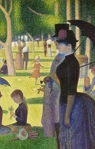 This may contain: a painting of people in a park with umbrellas