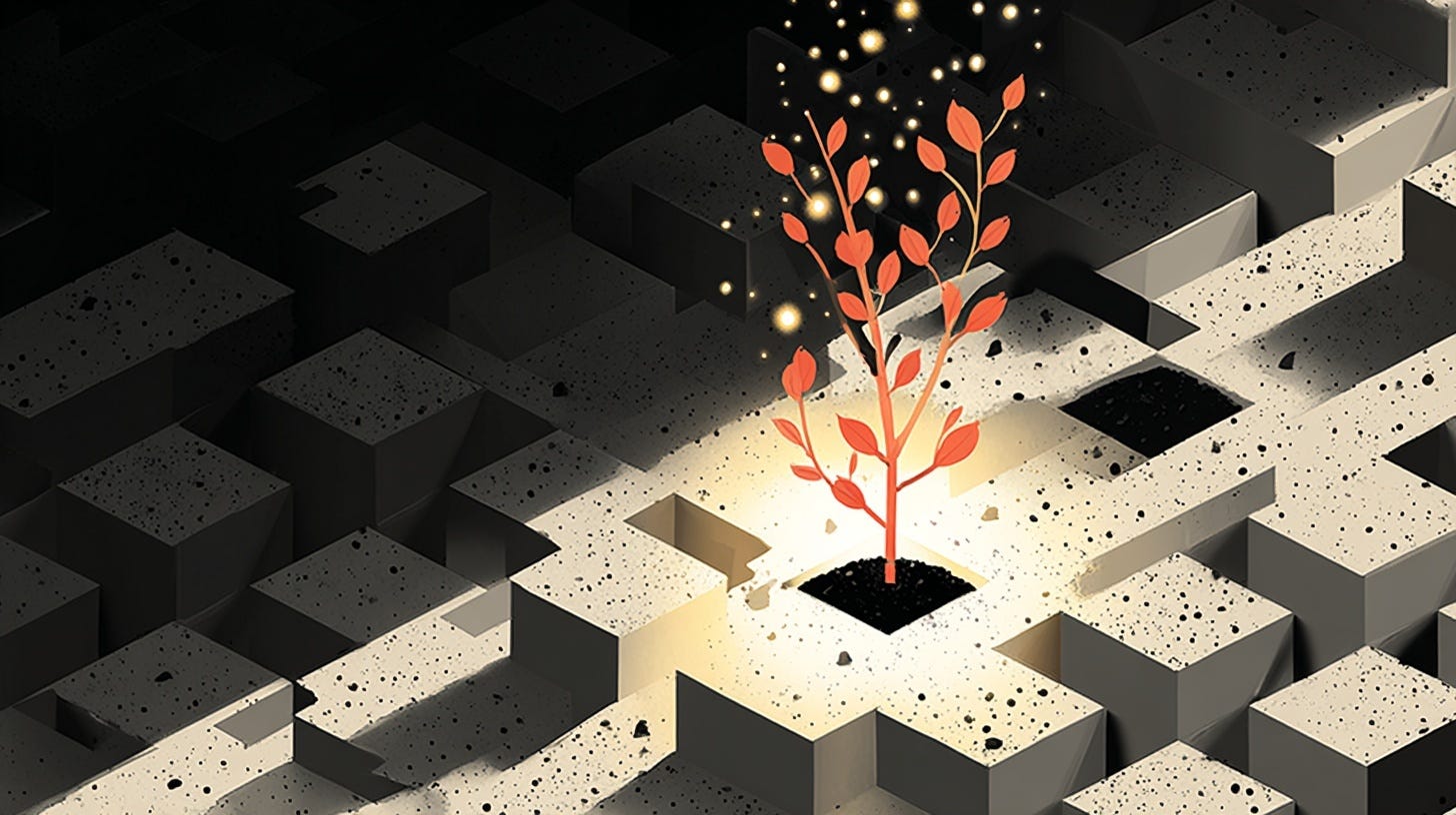 A digital illustration of a small orange plant growing out of a dark, geometric grid of concrete-like blocks. Light shines down on the plant, illuminating its leaves and casting warm reflections amid the cold, grey surroundings. Floating golden particles surround the plant, symbolizing growth, renewal, and creativity emerging from a rigid or structured environment.