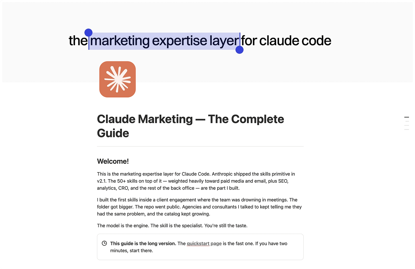 Claude Marketing — The Complete Guide in Notion, the free companion to the marketing expertise layer for Claude Code. Covers 50+ open-source skills weighted toward paid media and email, plus SEO, analytics, CRO, and the rest of the back office. Available as a long version or quickstart.