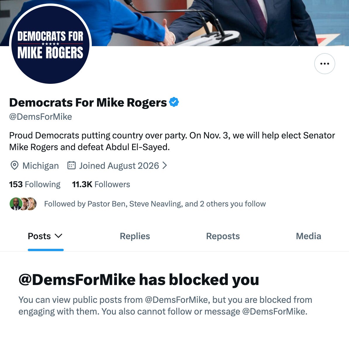 screenshot showing that I have been blocked on X by @DemsForMike screenshot showing that I have been blocked on X by @DemsForMike