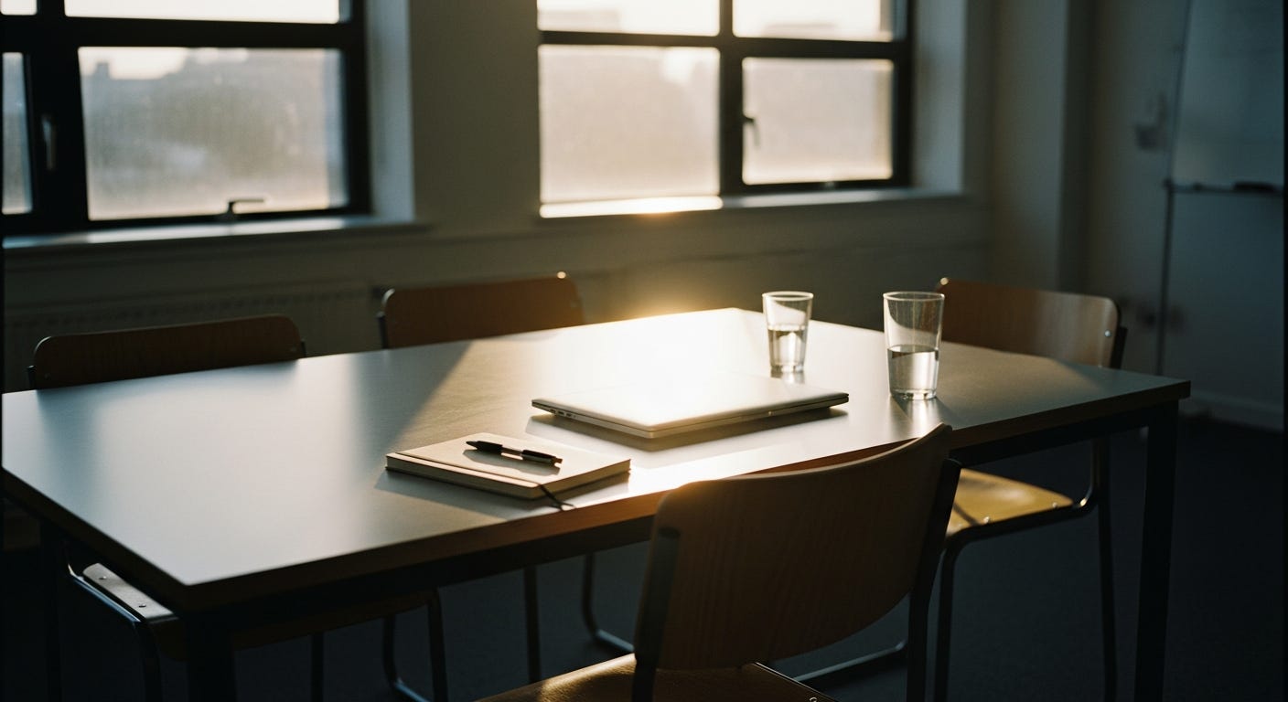 A modest office meeting room in soft morning light before anyone arrives, chairs drawn up around a plain table with a closed laptop and a notebook, a room waiting quietly before a meeting begins