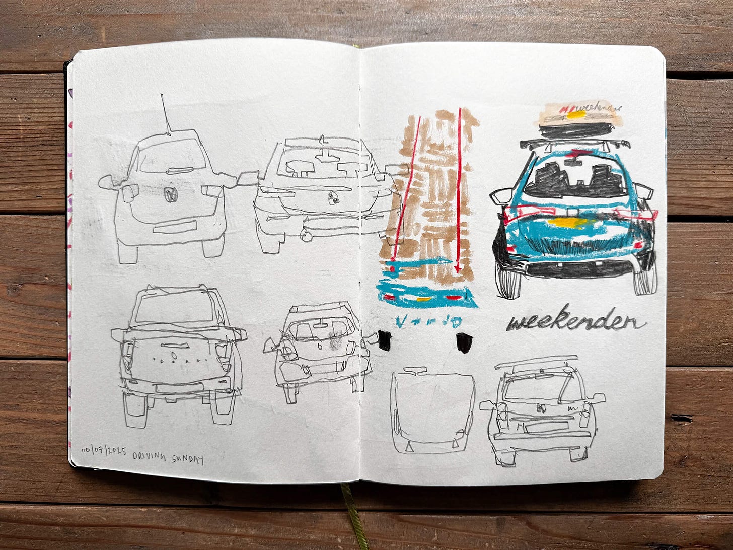 Moleskine Sketchbook, A5, pencil, brush pen and wax pastel drawing of motorway cars, a Volvo lory and a ‘weekender’ vehicle storage box